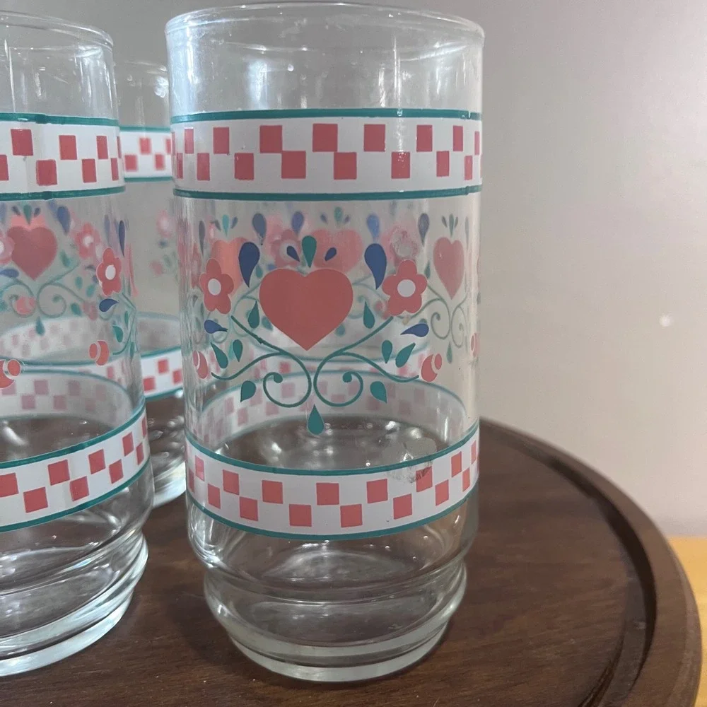 Vtg Set of 4 Country Heart Floral Pink Checkered Teal Glass Tumblers 5.75